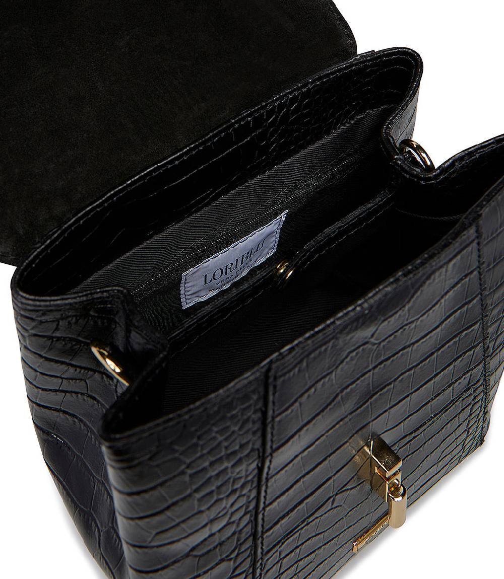 Loriblu Borsa a mano nera in pelle stampa cocco Online Outlet