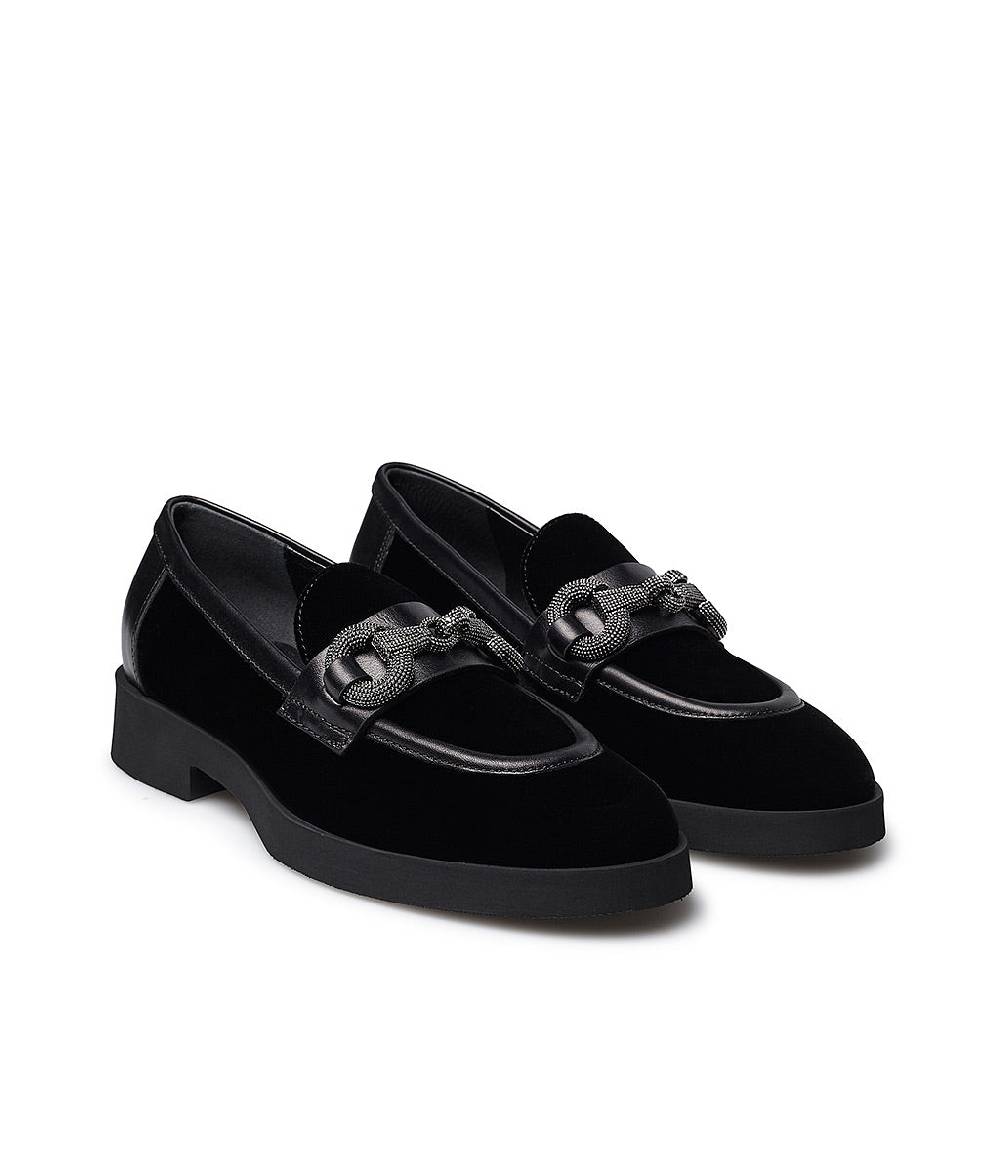 Loriblu Mocassino in velluto e vitello nero con morsetto gioiello Promozione temporanea
