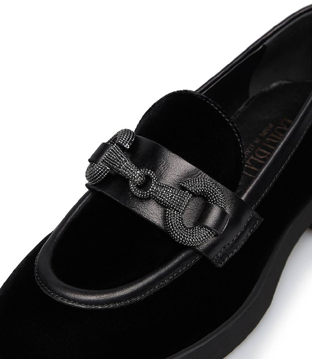 Loriblu Mocassino in velluto e vitello nero con morsetto gioiello Promozione temporanea