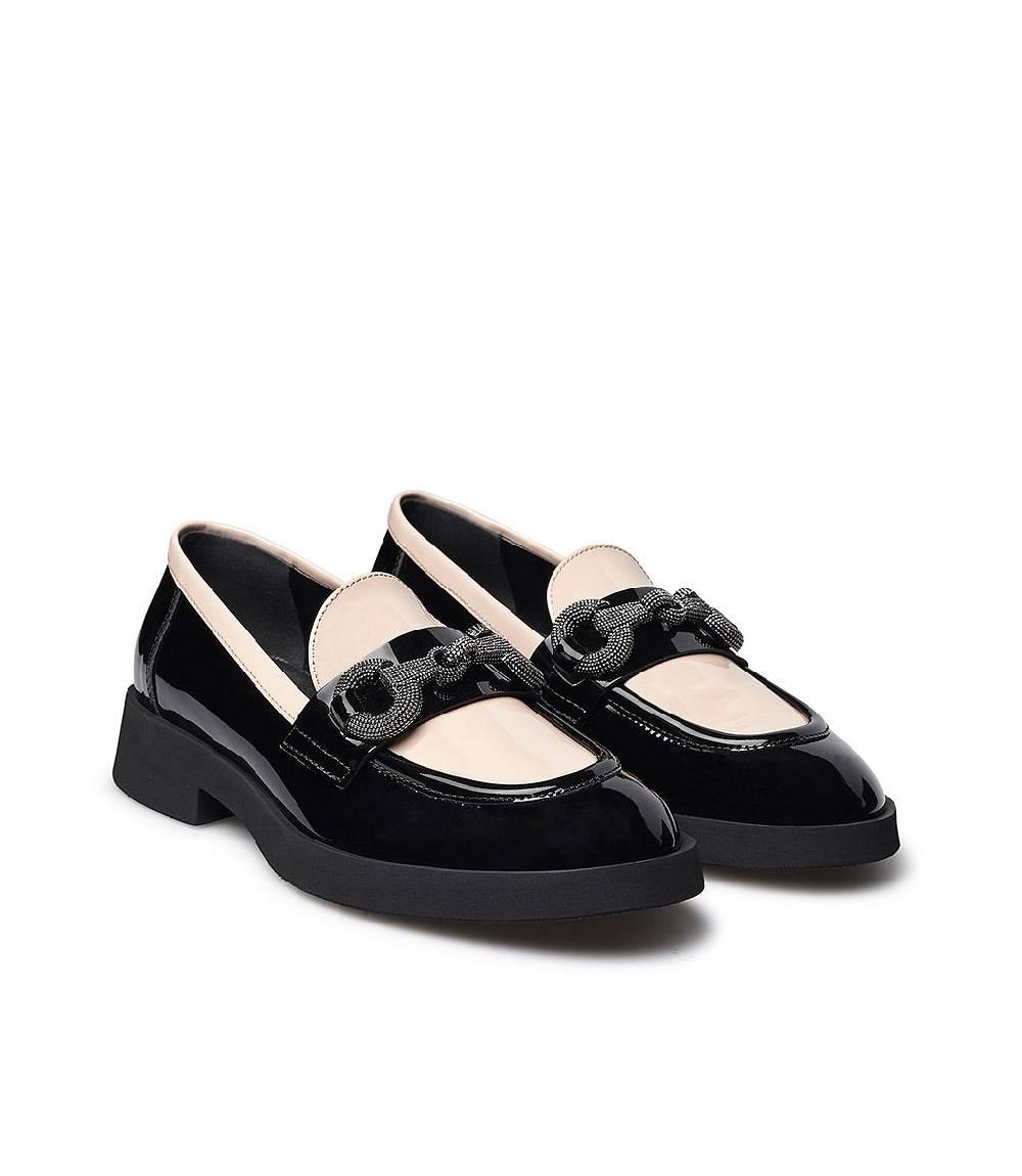 Loriblu Mocassino in vernice nera e nude con morsetto gioiello Fino al 50% di sconto