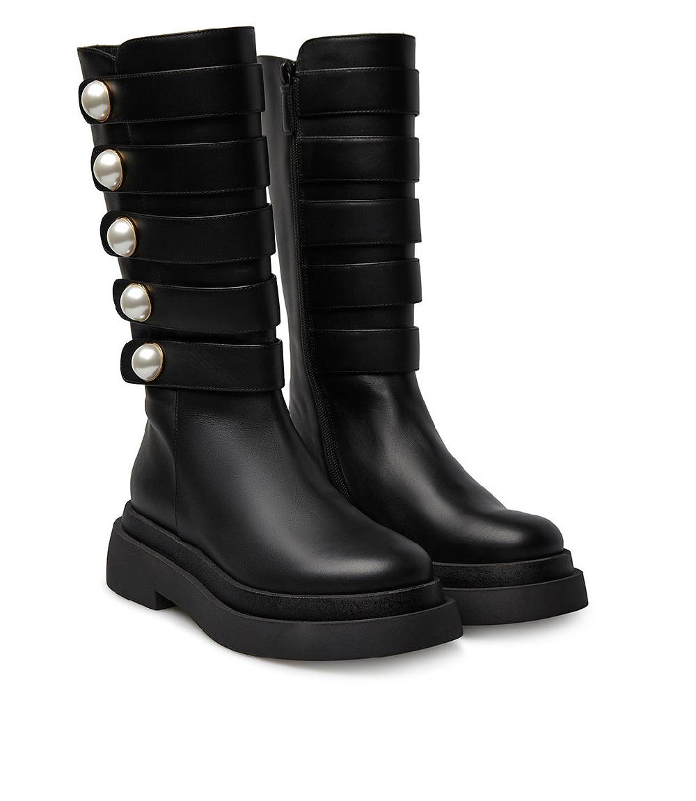 Loriblu Stivale in vitello nero con cinturini e borchie perla Discount Store per i nuovi prodotti