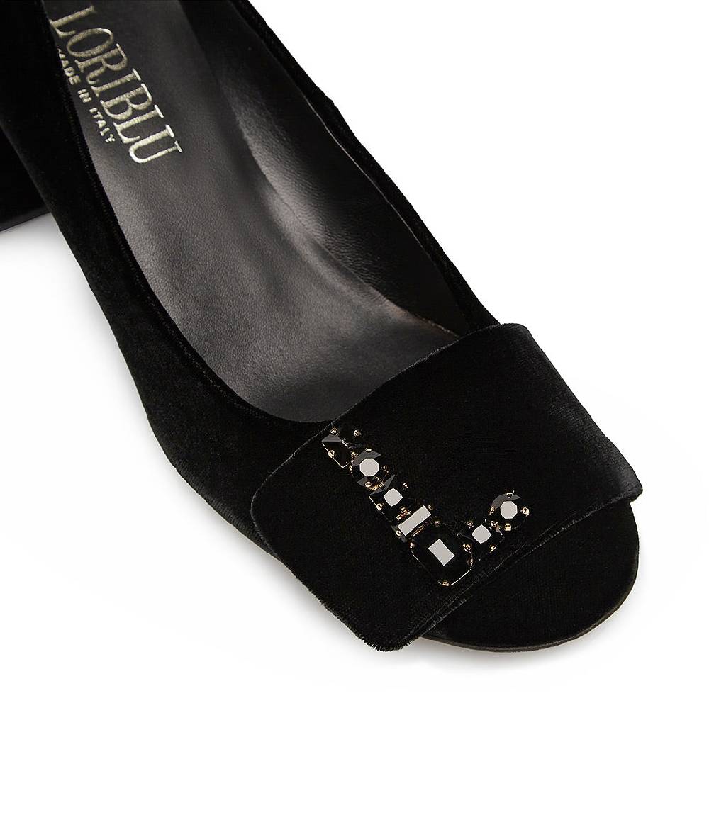 Loriblu Décolleté in velluto nero con Logo Signature in cristalli Officina
