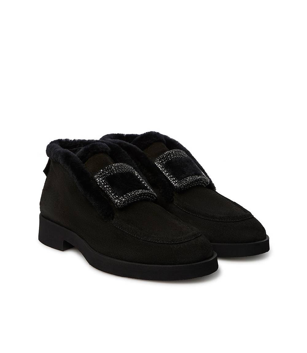 Loriblu Mocassini in camoscio e shearling nero con fibbia-gioiello In vendita
