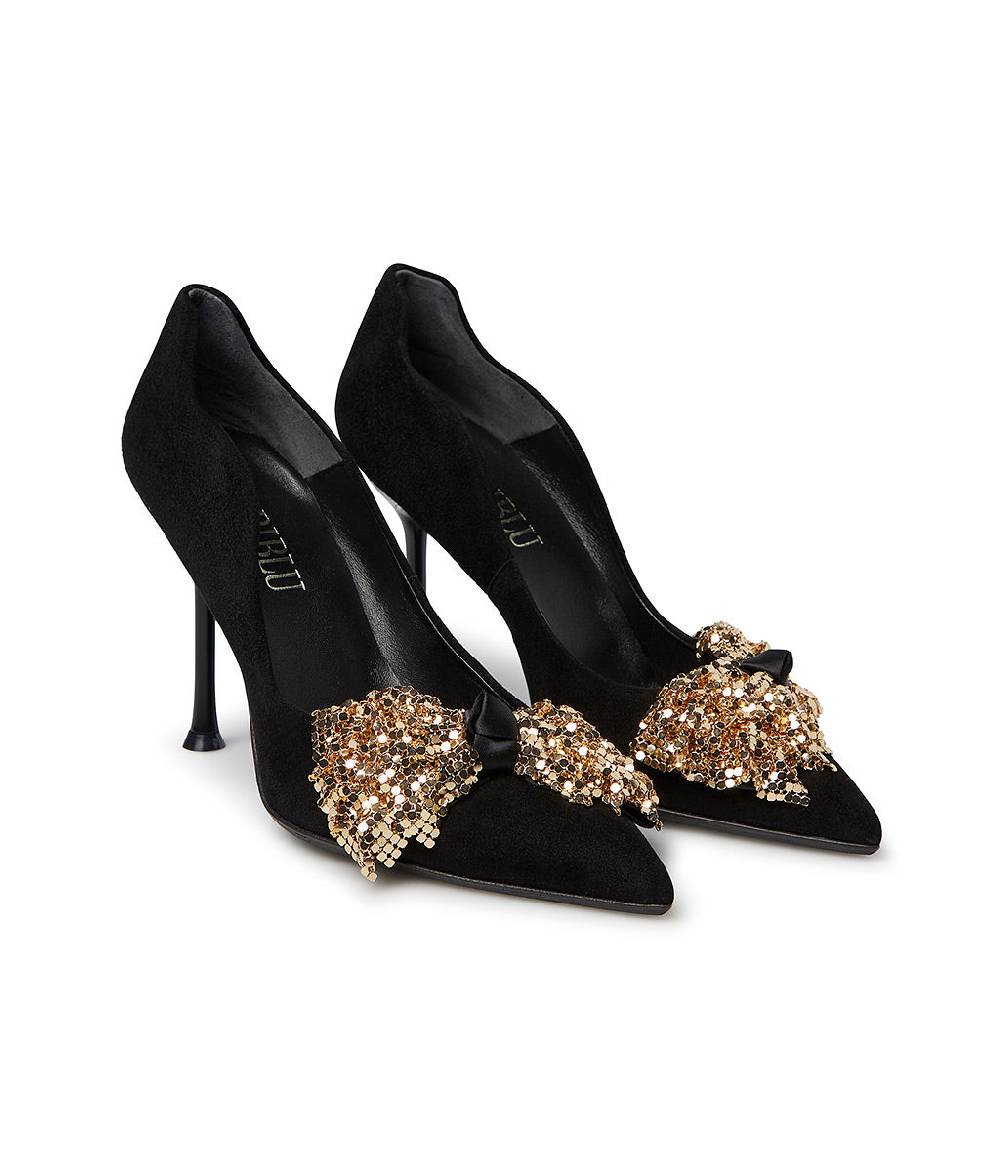 Loriblu Décolleté onda in camoscio nero con fiocco full metal oro Presa