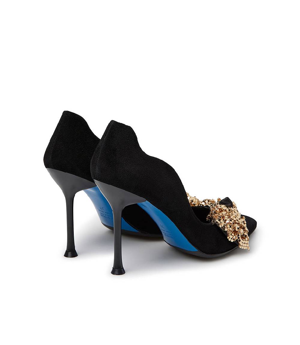 Loriblu Décolleté onda in camoscio nero con fiocco full metal oro Presa