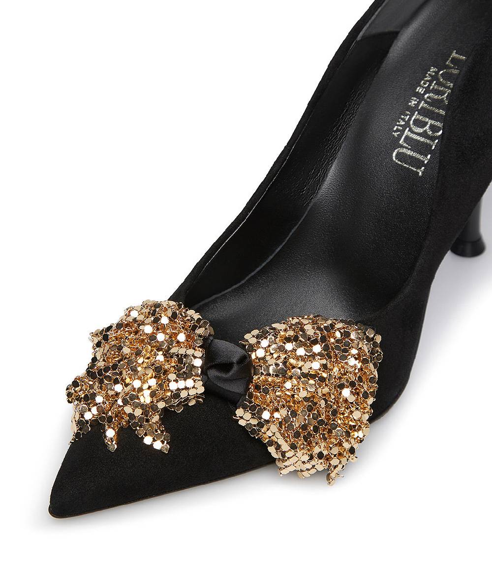 Loriblu Décolleté onda in camoscio nero con fiocco full metal oro Presa