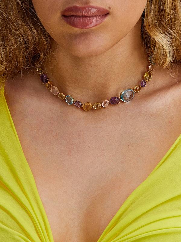 Nanis Collana girocollo "IPANEMA" in oro, ametista, quarzo e topazio blu – Nanis Italian Jewels Pezzi Unici