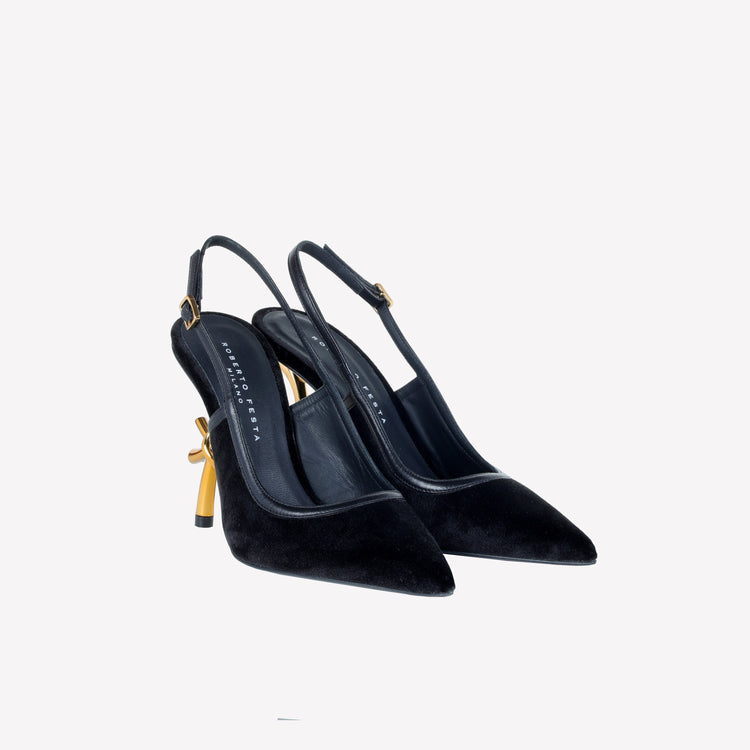 Roberto Festa SLINGBACK IN VELLUTO CON TACCO SCULTURA LOGO SANDY Nuova