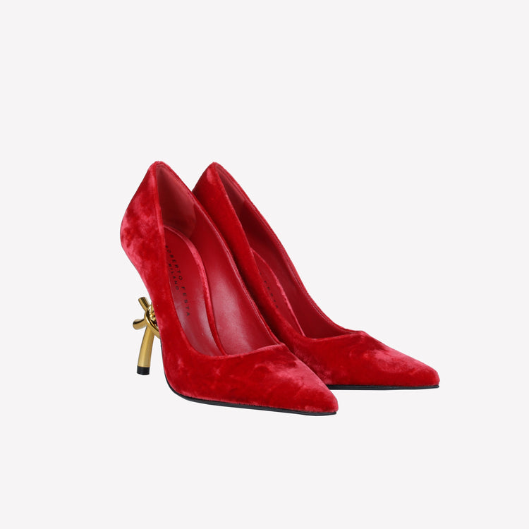 Roberto Festa DECOLLETE’ IN VELLUTO ROSSO CON TACCO SCULTURA LOGO DEAR 2025