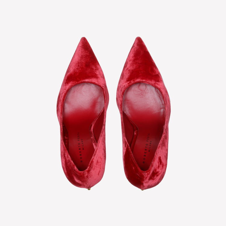 Roberto Festa DECOLLETE’ IN VELLUTO ROSSO CON TACCO SCULTURA LOGO DEAR 2025