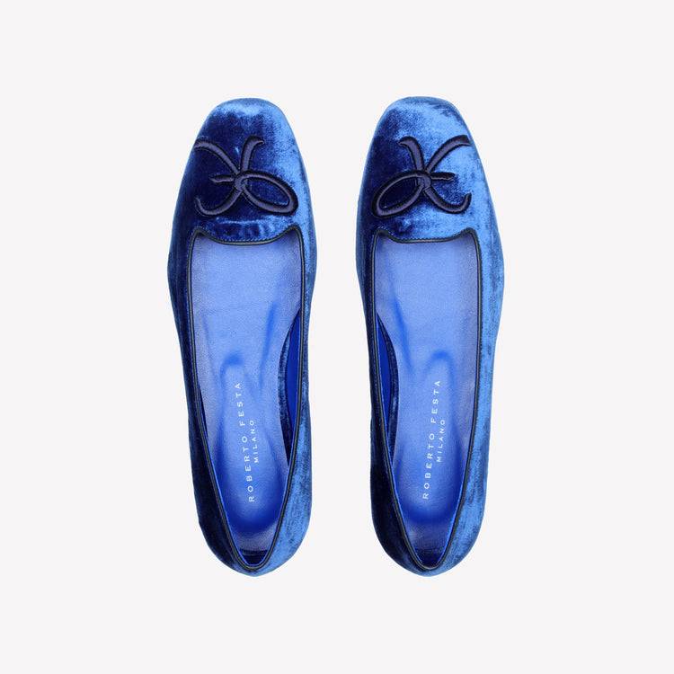 Roberto Festa BALLERINA IN VELLUTO BLU CHINA CON RICAMO RF FELIX Spedizione Gratuita