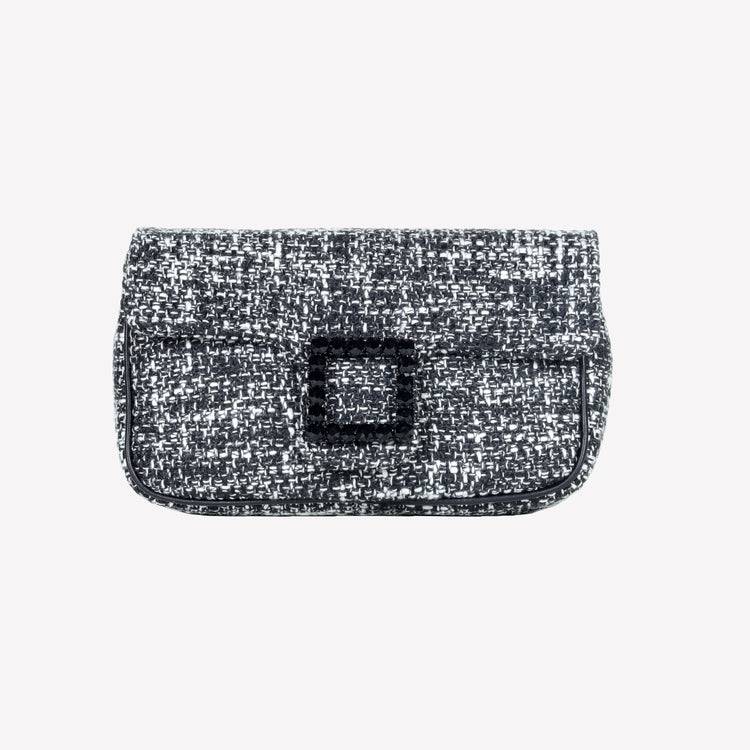 Roberto Festa BORSA A SPALLA IN TESSUTO CHICCO DI RISO BIANCO NERO CON ACCESSORIO FIBBIA QUADRA CON CRISTALLI LUNETTE Promozione Limitata