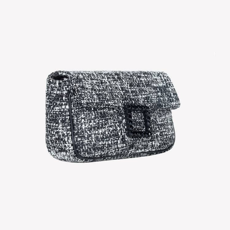 Roberto Festa BORSA A SPALLA IN TESSUTO CHICCO DI RISO BIANCO NERO CON ACCESSORIO FIBBIA QUADRA CON CRISTALLI LUNETTE Promozione Limitata