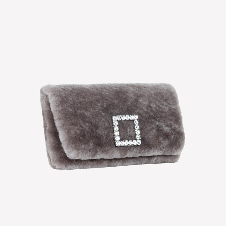 Roberto Festa BORSA CLUTCH IN MONTONE EFFETTO VISONE NUTRIA CON FIBBIA QUADRA COLOR SILVER CON CRISTALLI CAPRILUX Prezzo Ridotto