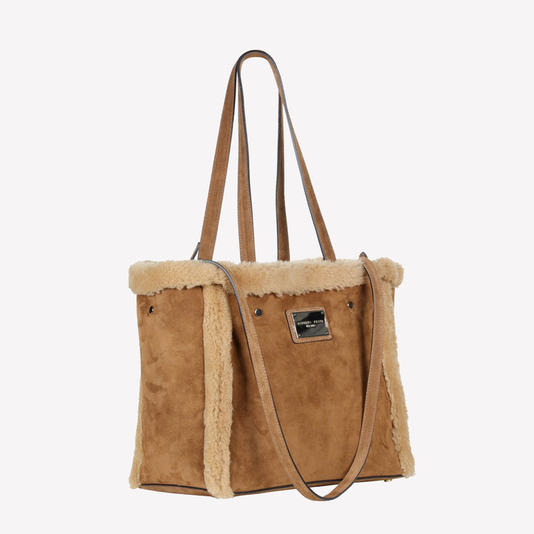 Roberto Festa BORSA SHOPPING IN CAMOSCIO LIGHT BRUCIATO CON RIPORTI IN MONTONE MIELE RAISSA Sconto
