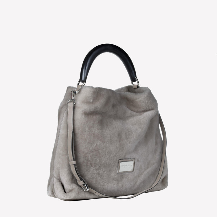 Roberto Festa BORSA A SPALLA IN MONTONE EFFETTO VISONE COLOR NUTRIA CON MANICO IN LEGNO NERO BIANCA Offerta