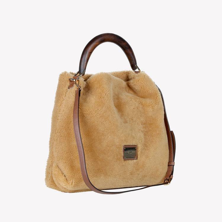 Roberto Festa BORSA A SPALLA IN MONTONE COLOR TEDDY CON MANICO IN LEGNO NOCE BIANCA Economico