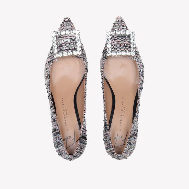 Roberto Festa DECOLLETE’ IN TESSUTO MULTICOLORE CON FIBBIA QUADRA STRASS EVILLY Offerte