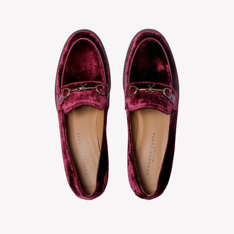 Roberto Festa MOCASSINO IN VELLUTO BORDEAUX CON ACCESSORIO MORSETTO ORO AXEL Vendita Economica