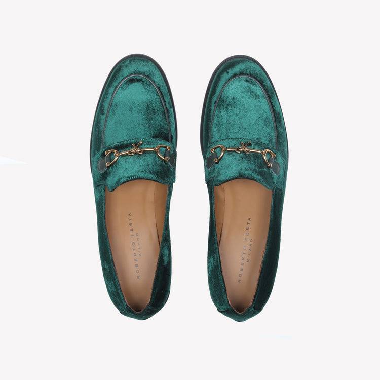 Roberto Festa MOCASSINO IN VELLUTO GREEN CON ACCESSORIO MORSETTO ORO AXEL Saldi Di Fabbrica