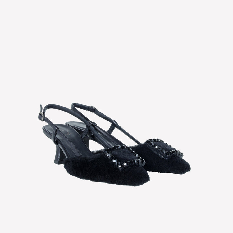 Roberto Festa SLINGBACK IN VISONE NERO CON FIBBIA QUADRA CON CRISTALLI STEFI Vendita
