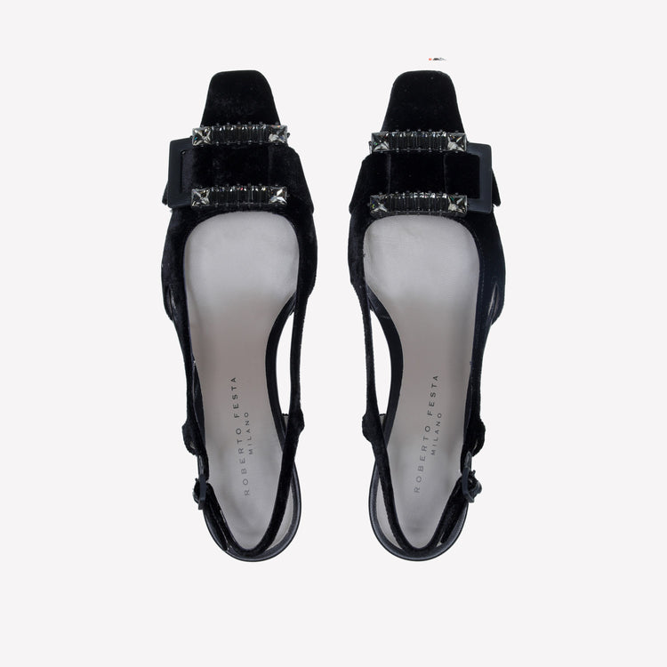 Roberto Festa SLINGBACK IN VELLUTO CON FIBBIA CRISTALLI BAGUETTE ATENA Nuova