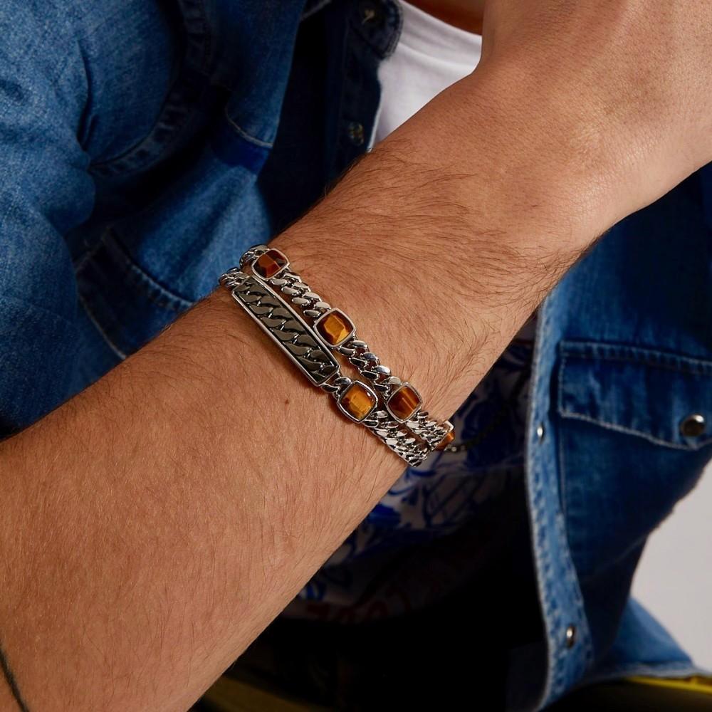 Zancan Bracciale a grumetta Zancan con targa e pietra occhio di tigre In Linea