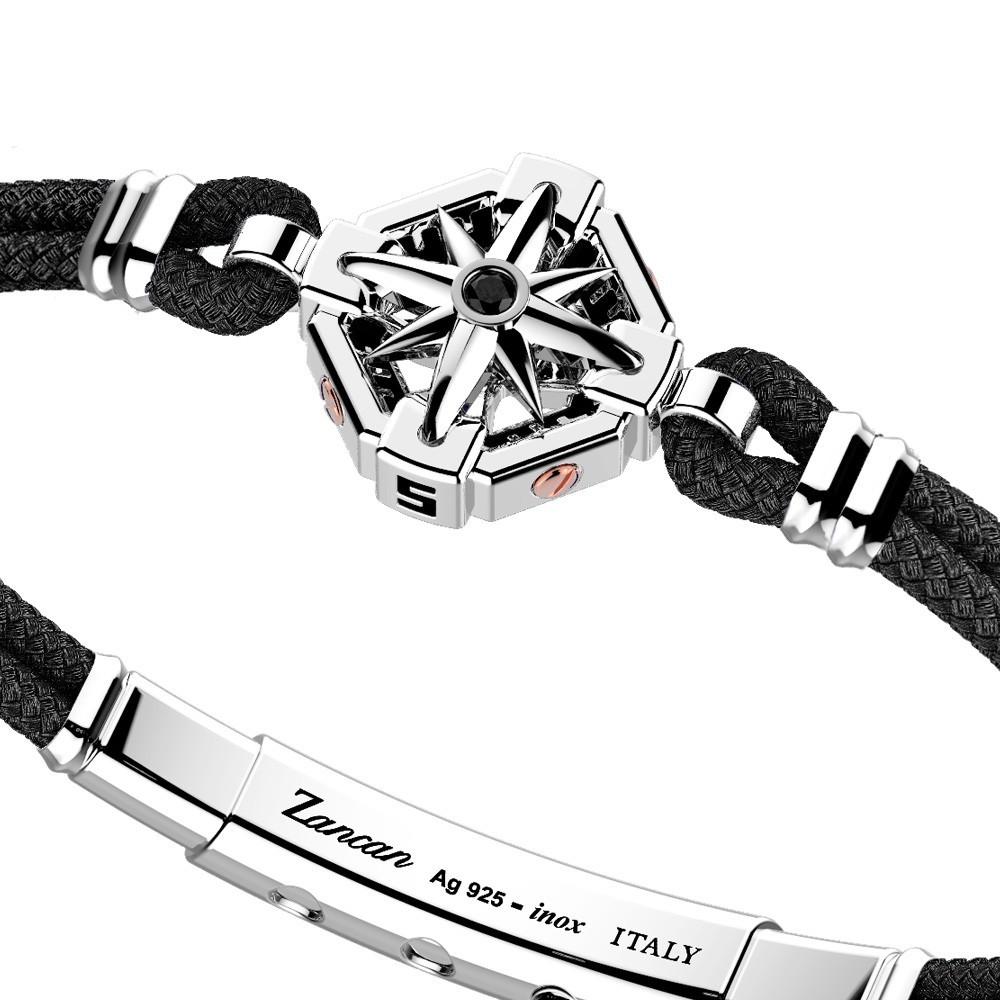Zancan Bracciale Zancan in kevlar con rosa dei venti in argento e pietra nera Spedizione Gratuita