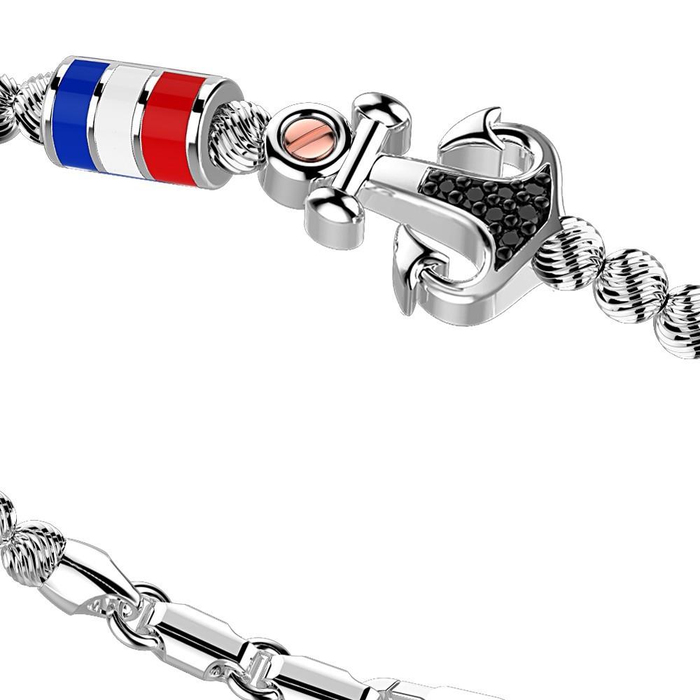 Zancan Bracciale Zancan in argento a sfere con bandiere nautiche e ancora con pietre nere Sconto di tempo limitato