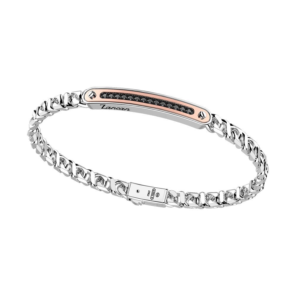 Zancan Bracciale a grumetta Zancan in argento con targa ed inserti in oro rosa e pietre nere Vendita Calda