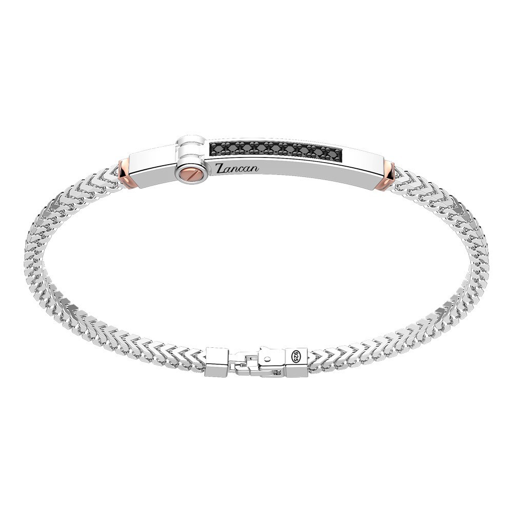 Zancan Bracciale Zancan in argento con targa ed inserti in oro rosa e pietre nere Offerta speciale